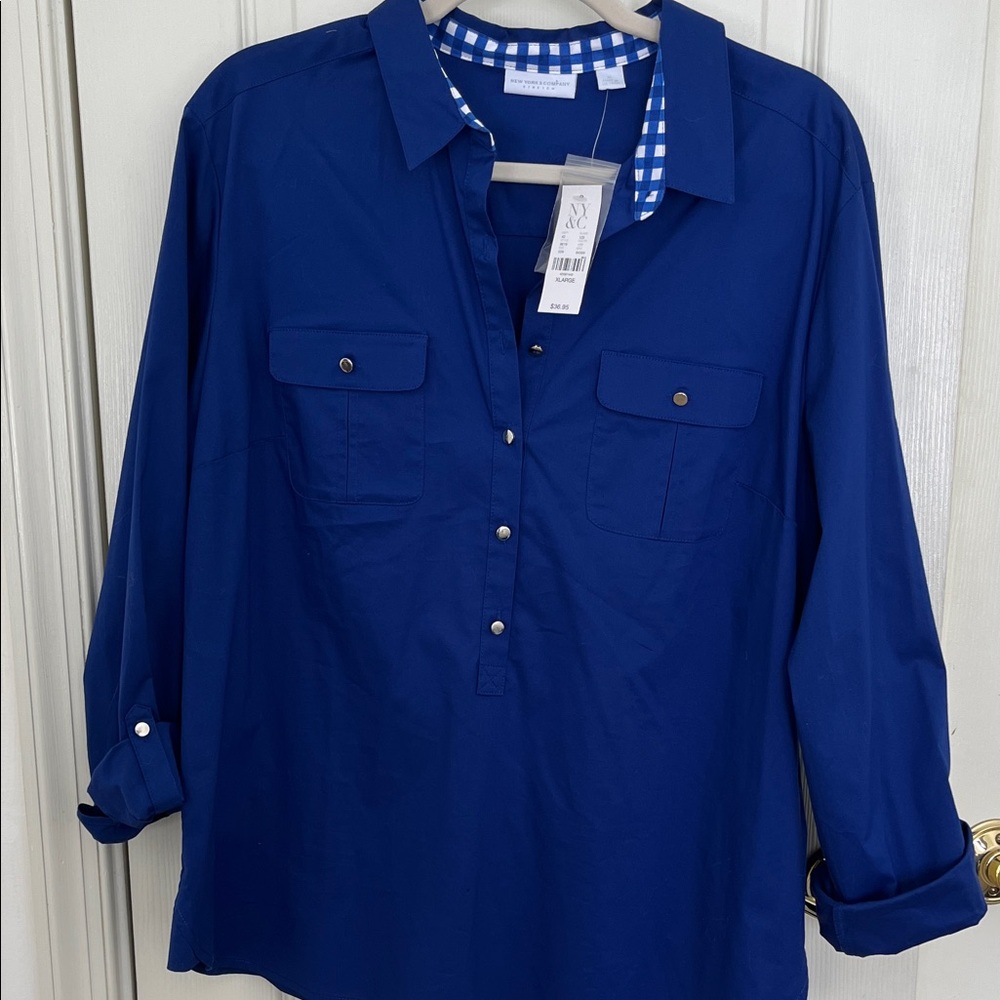 New York & Company Royal Blue Checkered Collar Shirt